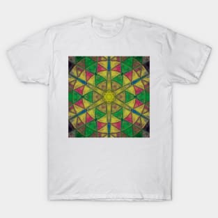 Mosaic Kaleidoscope Flower Yellow Green Pink and Blue T-Shirt